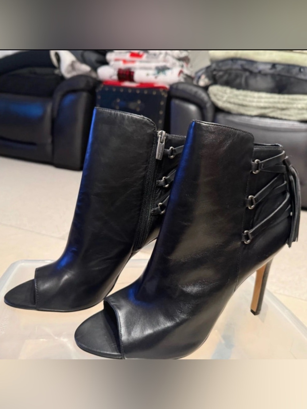 Vince Camuto Black Leather Peep-Toe Stiletto Ankle Boots